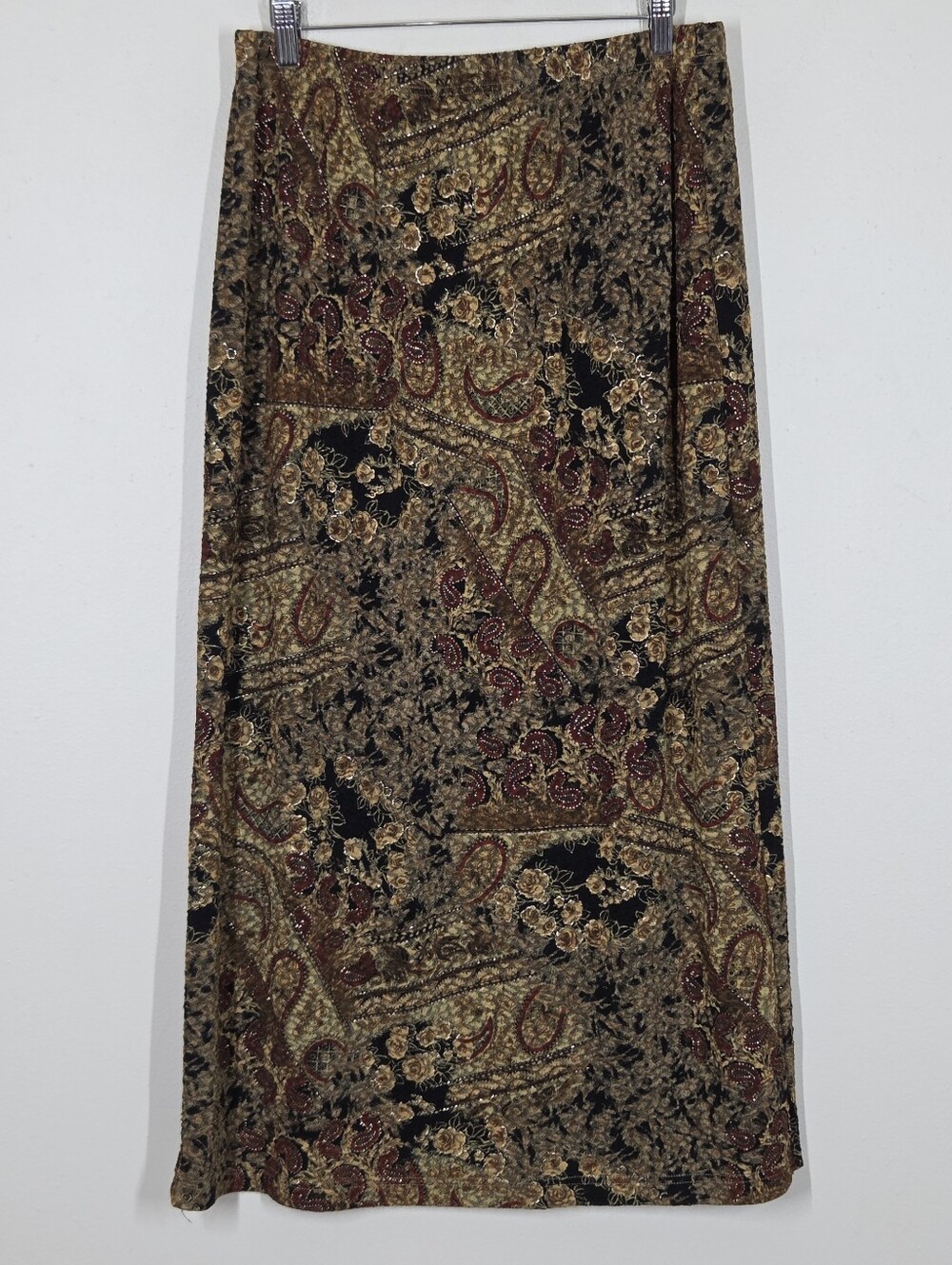 Vtg 90s Y2K Paisley Shimmer Maxi Skirt Pull On Fairy Grunge Boho Earthy Festival